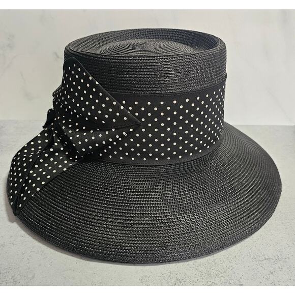 Lord & Taylor Women\'s Classic Black Straw Bucket Hat with Polka Dots Ribbon Bow main image 5